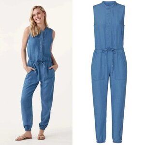 Splendid Brook Chambray Jumpsuit L Medium Indigo Drawstring Waist Pocket Tapered